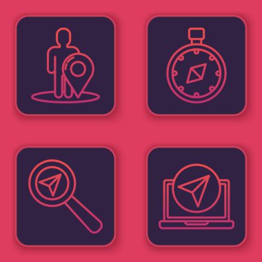 Bir kişinin silueti, arama konumu, pusula ve şehir haritasının bilgilerini içeren satır haritası işaretleyicisini ayarla. Mavi kare düğme. Vektör