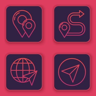 Çizgi haritası pimi, dünyanın konumu, güzergah konumu ve kağıt uçak. Mavi kare düğme. Vektör