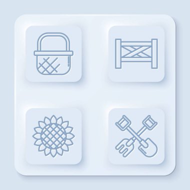 Alış veriş sepeti, bahçe çitleri ahşap, ayçiçeği, kürek ve tırmık. Beyaz kare düğme. Vektör