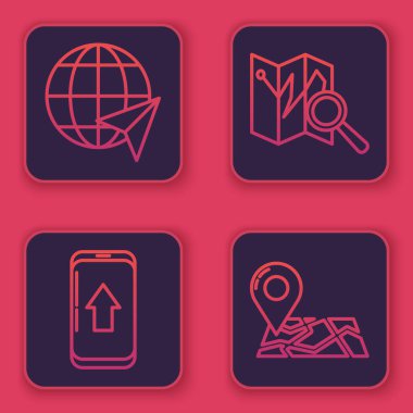 Yerküredeki çizgi konumunu, şehir haritası navigasyon bilgisini, konum işaretleyicili katlanmış haritayı ve konum işaretleyicili katlanmış haritayı ayarla. Mavi kare düğme. Vektör