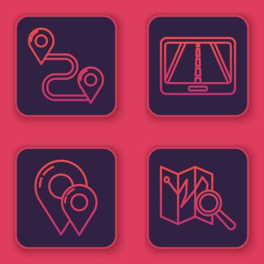 Hat güzergahı konumu, harita şifresi, şehir haritası navigasyonunun Infographic 'i ve konum işaretleyicili katlanmış haritayı ayarla. Mavi kare düğme. Vektör