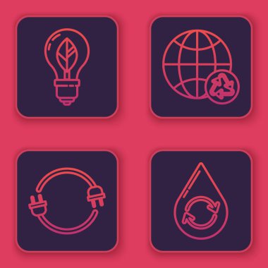 Ampulü yaprak, elektrik prizi, gezegen toprağı, geri dönüşüm ve temiz su geri dönüşümü ile ayarlayın. Mavi kare düğme. Vektör