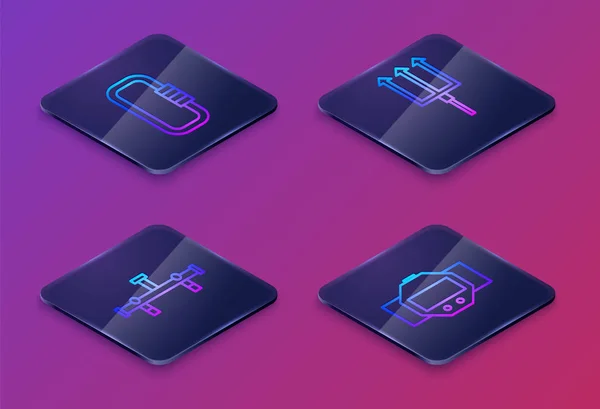 Set Isometric line Carabiner, Manifold, Neptune Trident and Diving watch. Blue square button. Vector — 스톡 벡터