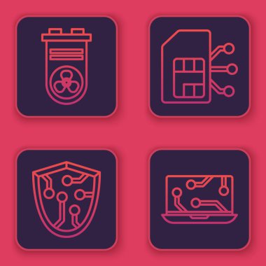 Hat video kartı, siber güvenlik, Sim kart ve dizüstü bilgisayar ayarlayın. Mavi kare düğme. Vektör