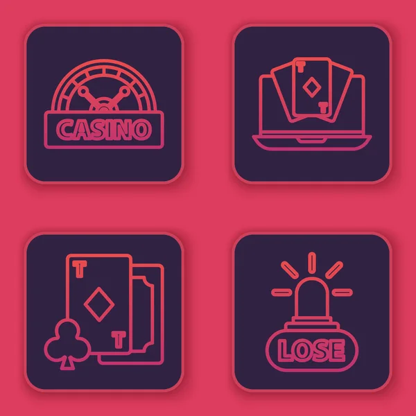 Set line Casino signboard, speelkaart met diamanten, Online poker tafelspel en Casino verliezen. Blauwe vierkante knop. Vector — Stockvector