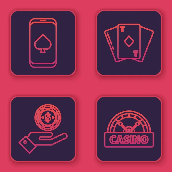 Ställ in linje Online pokerbord spel, Hand håller casino marker, Spela kort med diamanter och Casino skylt. Blå fyrkantig knapp. Vektor — Stock vektor