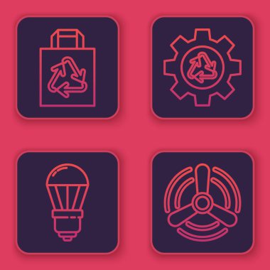 Geri dönüşümlü kağıt poşet, ampul, geri dönüşüm sembolü ve teçhizat ve rüzgar türbinini hazırlayın. Mavi kare düğme. Vektör