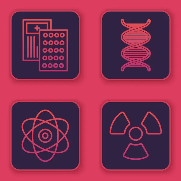 Set Line Pillen in Blisterverpackung, Atom, DNA-Symbol und radioaktiv. blauer quadratischer Knopf. Vektor — Stockvektor