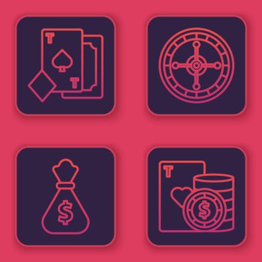 Maça, para çantası, kumarhane ruleti çipi, kumarhane fişi ve iskambil kâğıdı. Mavi kare düğme. Vektör