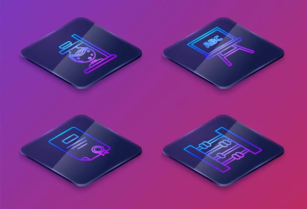 Set Isometric line Glass test tube flask on fire, Certificate template, Chalkboard and Abacus. Blue square button. Vector — 스톡 벡터