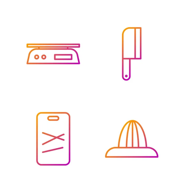 Set line Citrus fruit juicer, Cutting board, Electronic scales and Meat chopper. Gradient color icons. Vector — 스톡 벡터