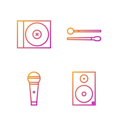 Set line Stereo speaker, Microphone, CD or DVD disk and Drum sticks. Gradient color icons. Vector