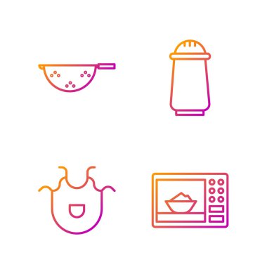 Set line Microwave oven, Kitchen apron, Kitchen colander and Salt and pepper. Gradient color icons. Vector