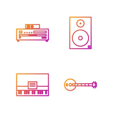 Set line Banjo, Piano, Music CD player and Stereo speaker. Gradient color icons. Vector