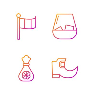 Geleneksel Leprikon çizmeleri, dört yapraklı yonca dolu para çantası, İrlanda bayrağı ve bir bardak viski. Renk simgeleri. Vektör