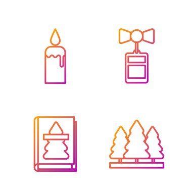 Sabit çizgiler Noel ağaçları, Noel kitabı, şamdandaki yanan mum ve yazıtlı Price etiketi. Renk simgeleri. Vektör