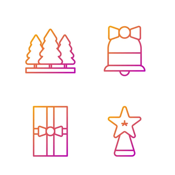 Set line Estrella de Navidad, Caja de regalo, Árboles de Navidad y Feliz Navidad timbre. Iconos de color degradado. Vector — Vector de stock