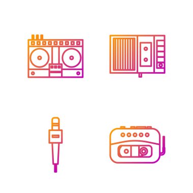 Müzik teybi, mikrofon, DJ uzaktan kumandası, müzik ve müzik kasedi çalma ve karıştırma için ayarla. Renk simgeleri. Vektör