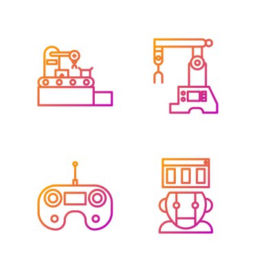 Robot, uzaktan kumanda, fabrika taşıma sistemi bandı ve montaj hattını ayarla. Renk simgeleri. Vektör