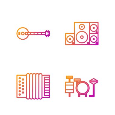 Davullar, müzik enstrümanı akordeonu, Banjo ve Stereo hoparlörleri ayarlayın. Renk simgeleri. Vektör