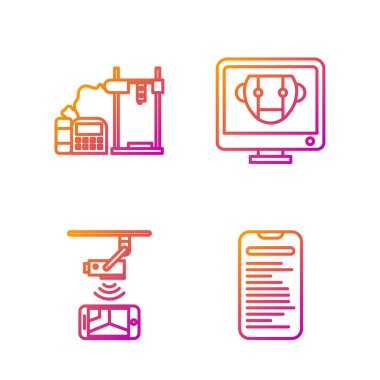 Bilgisayar arayüzü, Kablosuz Kontrollü CCCTV güvenlik kamerası, 3D yazıcı ve robot ayarla. Renk simgeleri. Vektör