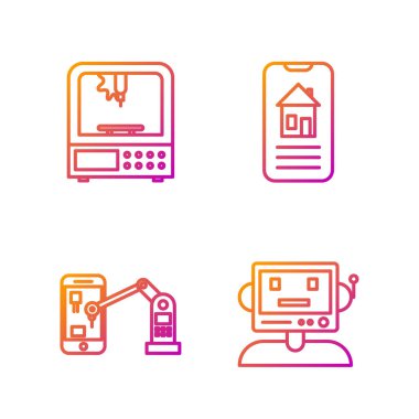 Robot hattı, Endüstriyel Robot Robot kolu, 3D yazıcı ve Smart Home. Renk simgeleri. Vektör