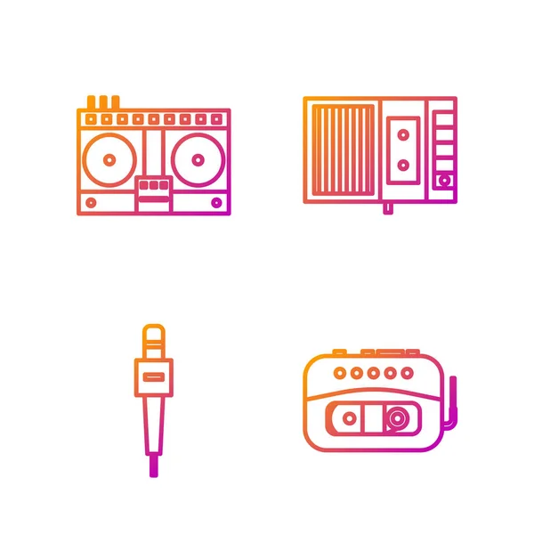 Set line Music tape player, Microphone, DJ remote for playing and mixing music and Music tape player. Gradient color icons. Vector — Stock Vector