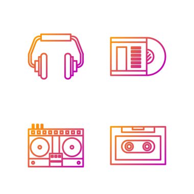 Retro ses kaseti, DJ uzaktan kumandası müzik, kulaklık ve vinil disk çalma ve karıştırma için ayarlayın. Renk simgeleri. Vektör