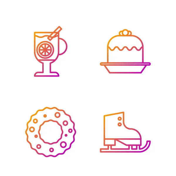 Set line Figure skates, Christmas wreath, Mulled wine with glass of drink and Cake. Gradient color icons. Vector — 스톡 벡터