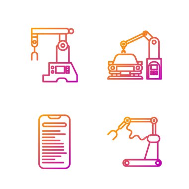 Endüstriyel makine robot kol fabrikası, bilgisayar api arayüzü, montaj hattı ve endüstriyel makine robot kolu. Renk simgeleri. Vektör