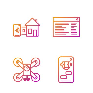 Robot hattı, aksiyon kameralı İHA akıllı ev ve yazılım, web geliştirici programlama kodu. Renk simgeleri. Vektör