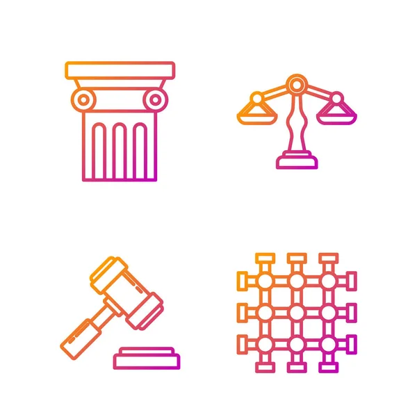 Set line Prison window, Judge gavel, Law pillar and Scales of justice. Gradient color icons. Vector — 스톡 벡터