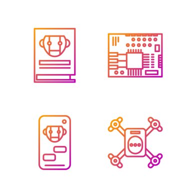 İHA 'yı hareket kamerası, robot, kullanıcı kılavuzu ve basılı devre kartı Pcb ile ayarla. Renk simgeleri. Vektör