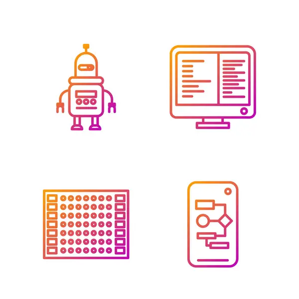 Ustaw Algorytm linii, Płytka drukowana Pcb, Robot i monitor komputera. Ikony kolorów gradientu. Wektor — Wektor stockowy