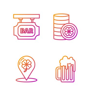 Ahşap bira kupası, konum ve dört yapraklı yonca, yazıt çubuklu sokak tabelası ve dört yapraklı yoncalı altın sikke. Renk simgeleri. Vektör