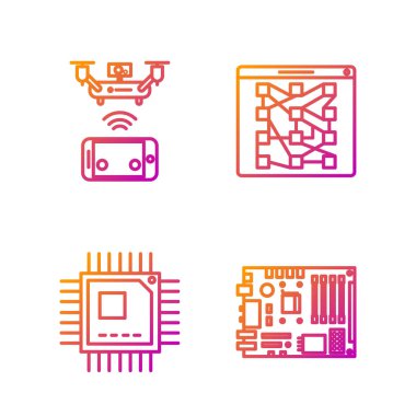 Hat Elektronik bilgisayar bileşenleri anakart dijital çip, mikro devreli işlemci, uzaktan kumandalı hava aracı ve Global teknoloji veya sosyal ağ. Renk simgeleri. Vektör