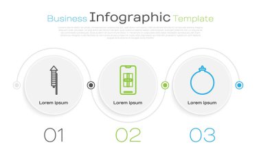 Havai fişek roketi, hediye kutulu akıllı telefon ve Noel balosu. Ticari bilgi şablonu. Vektör