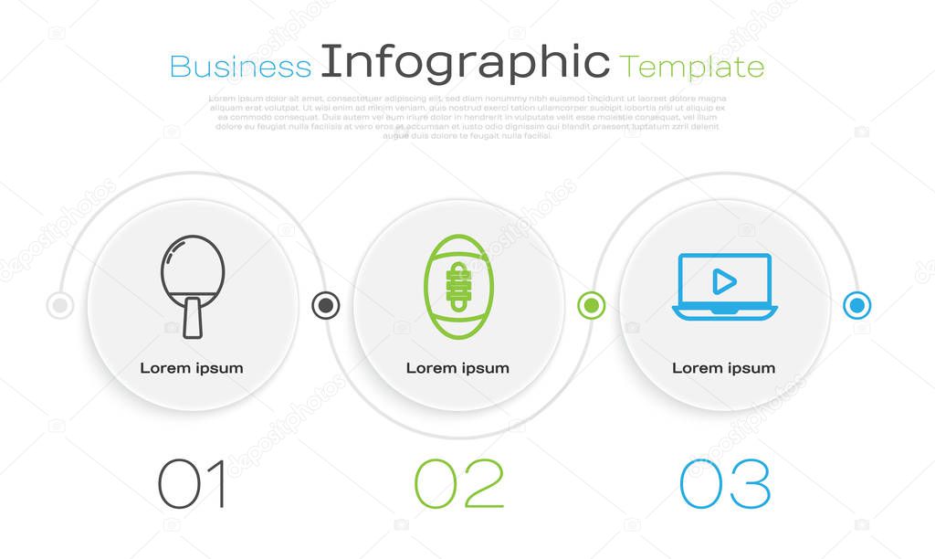 Set line Racket for playing table tennis, American Football ball and Online play video. Business infographic template. Vector