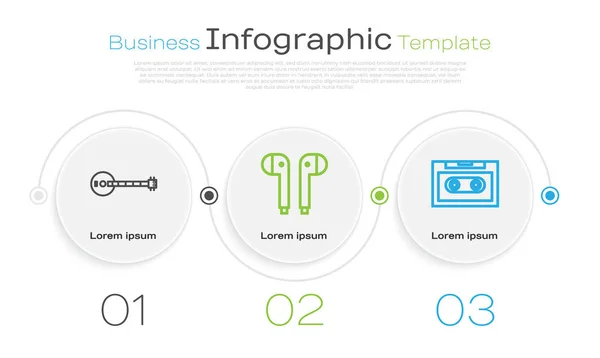 Definir linha Banjo, fones de ouvido ar e fita cassete de áudio retro. Modelo de infográfico de negócios. Vetor — Vetor de Stock