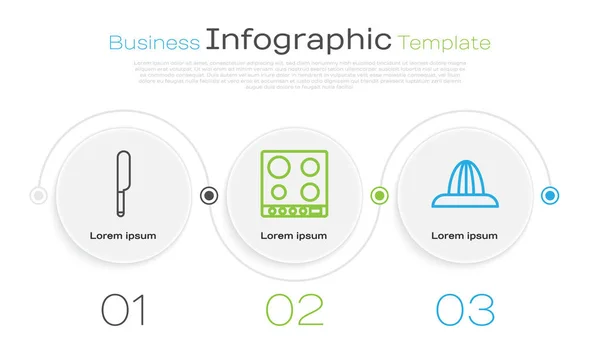 Definir linha de faca, fogão a gás e espremedor de frutas cítricas. Modelo de infográfico de negócios. Vetor — Vetor de Stock