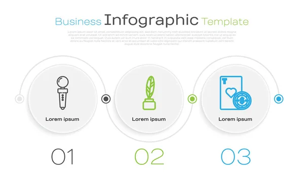 アーケードマシン フェザーとインクウェルとカジノチップとトランプのためのラインジョイスティックを設定します ビジネスインフォグラフィックテンプレート ベクトル — ストックベクタ