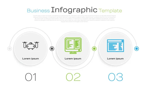 ラインを設定アクションカメラ コンピュータモニタ画面とソフトウェア Web開発者プログラミングコードで飛行ドローン ビジネスインフォグラフィックテンプレート ベクトル — ストックベクタ