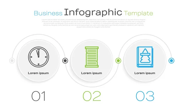Definir linha Relógio, modelo de lista de desejos de Natal e livro de Natal. Modelo de infográfico de negócios. Vetor — Vetor de Stock