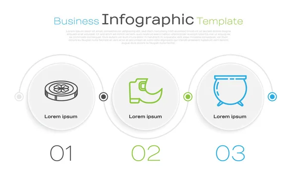 Definir linha moeda de ouro com trevo de quatro folhas, botas de duende tradição e caldeirão bruxa. Modelo de infográfico de negócios. Vetor — Vetor de Stock