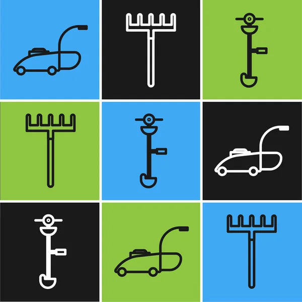 Set line Lawn mower, Grass and weed electric string trimmer and Garden rake icon. Vector — Stock Illustration Set line Lawn mower, Grass and weed electric string trimmer and Garden rake icon. Vector Stock Illustration