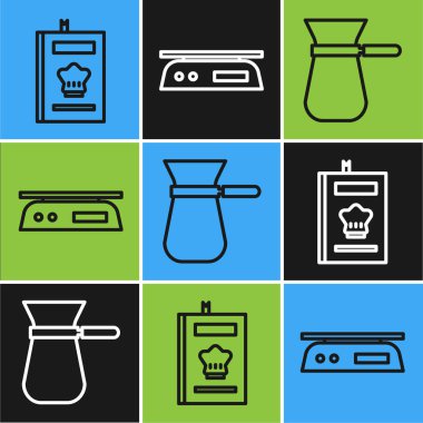 Yemek kitabı, Türk kahvesi ve Elektronik ölçek ikonu. Vektör