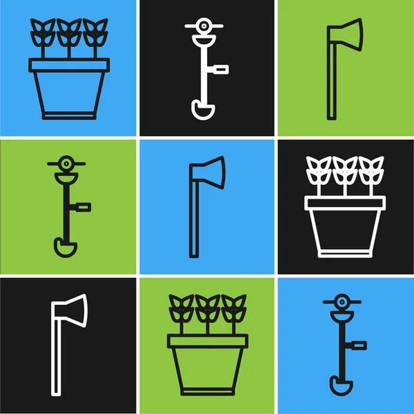 Set line Plants in pot, Wooden axe and Grass and weed electric string trimmer icon. Vector — 스톡 벡터