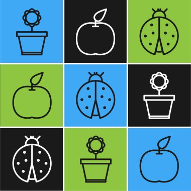 Çiçek saksısını, uğur böceğini ve Apple simgesini ayarla. Vektör