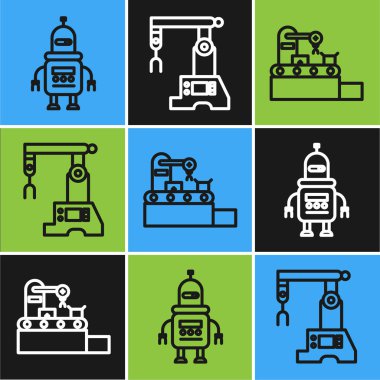 Robot, fabrika taşıma sistemi bandı ve montaj hattı simgesini ayarla. Vektör