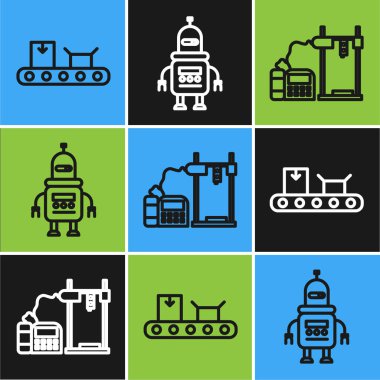 Çizgi taşıma bandını karton kutu, 3D yazıcı ve robot simgesi ile ayarla. Vektör